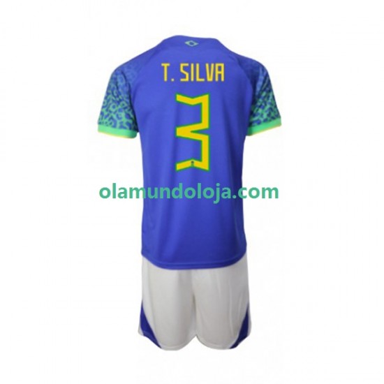 Camisola Brasil Thiago Silva 3 Criança Equipamento Segundo Copa do Mundo 2022 Manga Curta